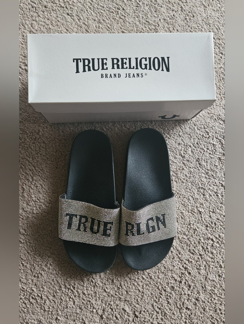 True Religion Woman's Meyer Black Slides with Silver Rhinestone Strap